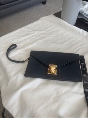Black Leather Wristlet Clutch with Gold Lock